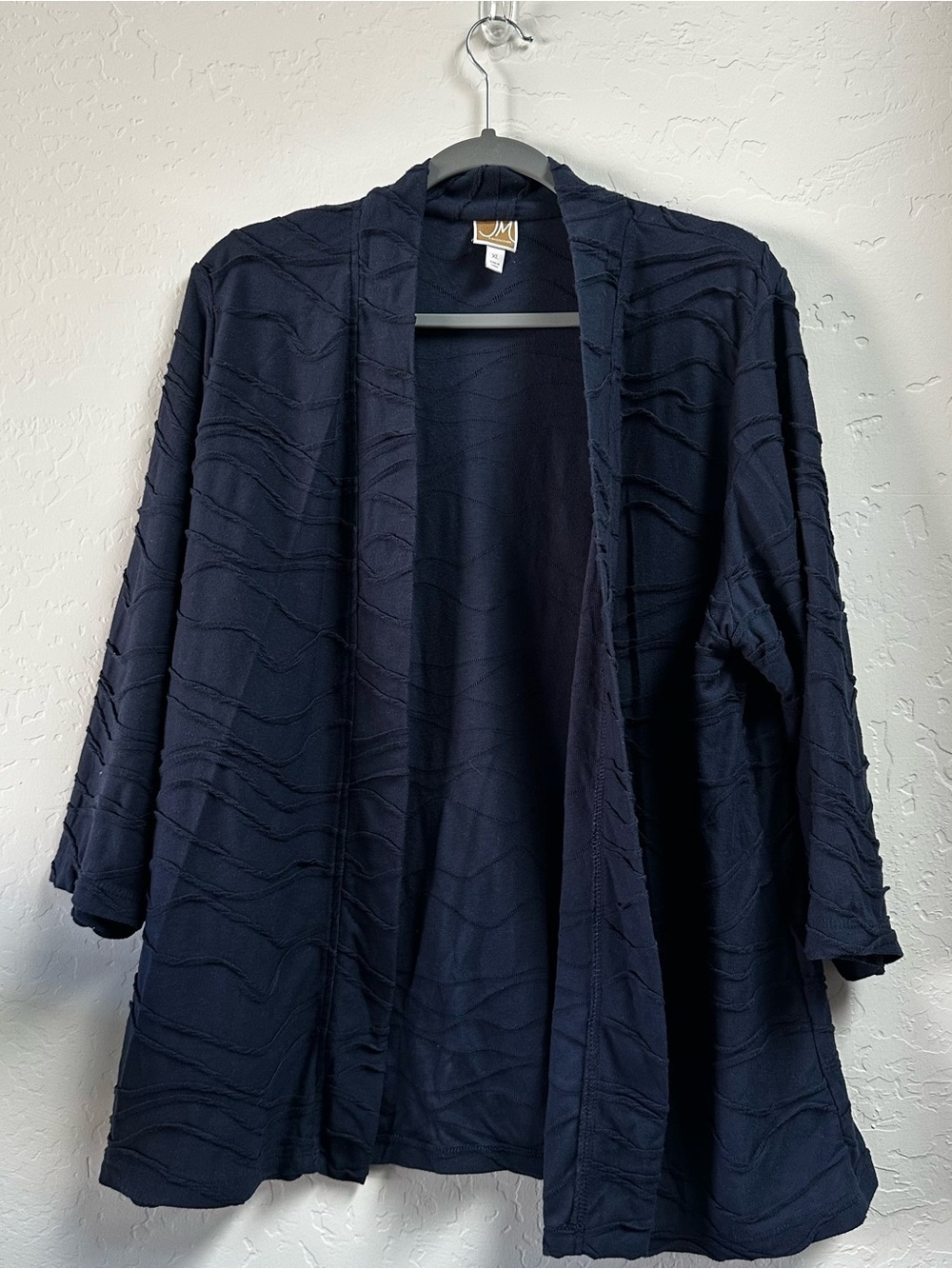 JM Collection Navy Blue Textured Wavy Ribbon Open Front Cardigan Jacket - XL